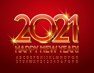 Vector elite card Merry Christmas 2021! Red and Gold 3D Font. Premium style Alphabet Letters and Numbers set