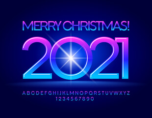 Vector bright greeting card Merry Christmas 2021 with Gradient color Font. Creative Alphabet Letters and Numbers set
