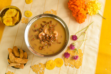 Onam sadhya sweet parippu payasam or dal kheer dessert Kerala, South India. Indian mithai   Delicious festival sweet dish for Onam, Vishu, Deepawali, sweet food made of condensed milk