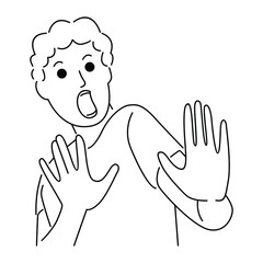 Young man showing palm as stop sign, stay, hold or rejection gesture