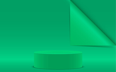 green podium with green paper background in the  studio room