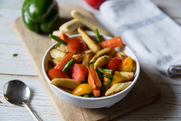 Corn, capsicum, beans with vegetables in a bowl with use of selective focus.