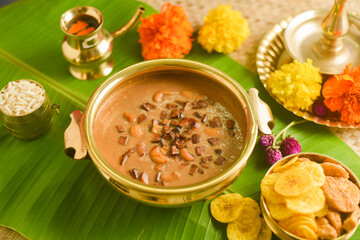 Onam sadhya sweet parippu payasam or dal kheer dessert Kerala, South India. Indian mithai   Delicious festival sweet dish for Onam, Vishu, Deepawali, sweet food made of condensed milk