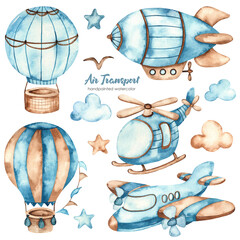 Watercolor clipart air transport with airplane, airship, air balloon, helicopter © MarinaErmakova