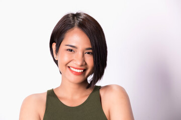 Fototapeta premium Close up of young Asian beautiful woman with smiling face bright isolated on white background.