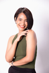 Fototapeta premium Portrait young Asian beautiful woman with smiling face bright isolated on white background.