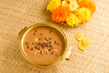 Onam sadhya sweet parippu payasam or dal kheer dessert Kerala, South India. Indian mithai   Delicious festival sweet dish for Onam, Vishu, Deepawali, sweet food made of condensed milk