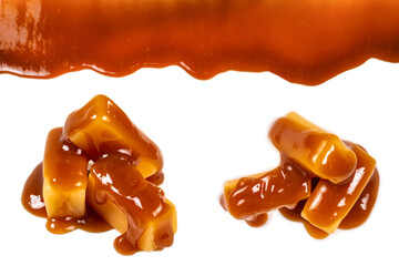 Background of flowing caramel sauce isolated on white.