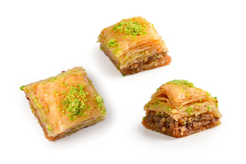 Pistachio baklava on a white background. Dessert.