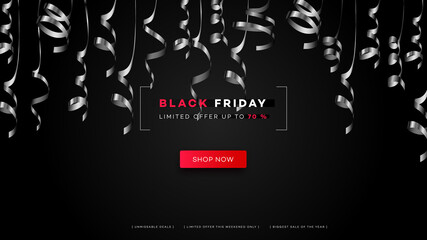 Black friday sale. Realistic background flying ribbons. Black friday banner. Dark background header for website