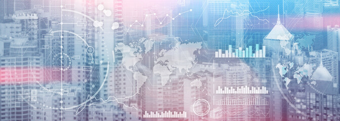 Business intelligence control interface marketing finance management city skyline view website panoramic heade banner.