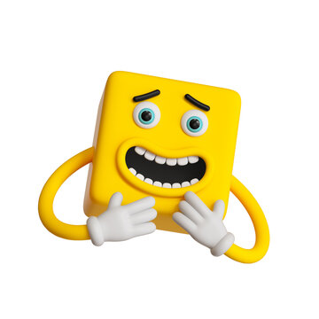 3d render, abstract emotional face icon, yellow emoticon clip art isolated on white background. Scared character illustration, cartoon monster in panic, square emoji, cute silly cubic toy