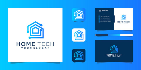 home tech logo line art with dot connect and business card