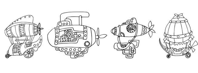 Set of vector linear airships in steampunk style. A collection of fantastic casting machines. Hand-drawn. Isolated on a white background. Coloring page for children and adults.