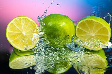 Fototapeta na wymiar whole lime and two halves with splashing water on gradient background