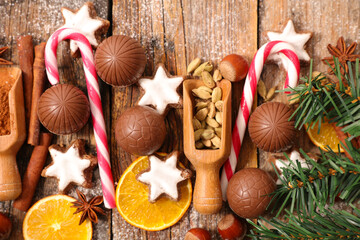 chocolate ball and christmas decoration background