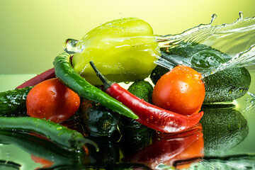 set of vegetables for salad with water splashes on gradient background