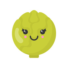 Cute smiling cabbage. Kawaii vegetable character. Isolated colorful vector icon
