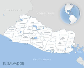 Blue-gray detailed map of El Salvador administrative divisions and location on the globe. Vector illustration