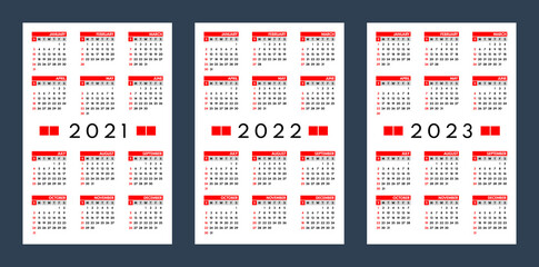 2021 2022 2023 pocket calendars set, sunday first
