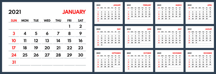 2021 full year wall calendar, sunday first, white background