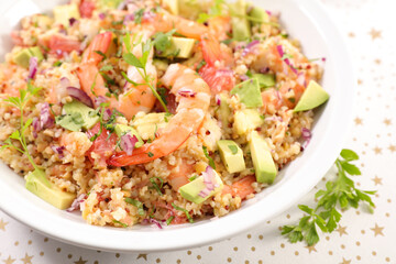 festive quinoa salad with avocado, grapefruit and shrimp
