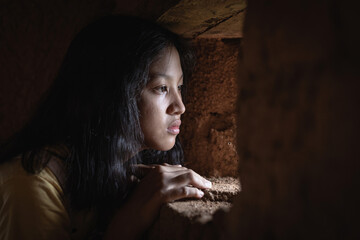 Young girl with eye sad and hopeless. Human trafficking concept.
