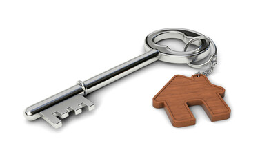 Metal key with wooden Home shaped keychain isolated on white background. Home concept. 3d illustration.