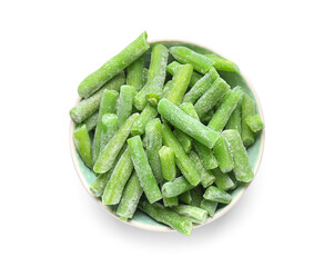 Bowl with frozen green beans on white background