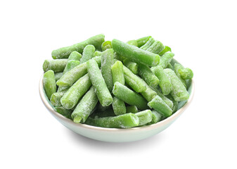 Bowl with frozen green beans on white background
