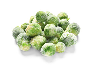 Frozen Brussels sprouts on white background