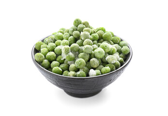 Bowl with frozen green peas on white background
