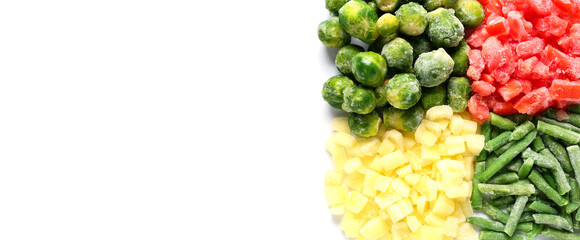 Mix of frozen vegetables on white background