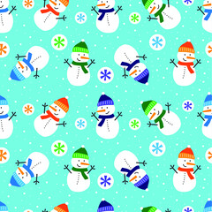 snowman with colorful hat and scarf seamless pattern with light blue background