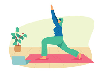 Colored vector flat style illustration. A girl in a hijab is engaged in yoga at home. Muslim woman working out at home online. Girl in sportswear on a mat stands in an asana