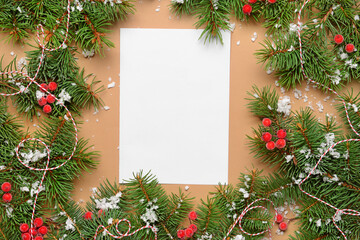 Beautiful Christmas decorations with empty card on color background