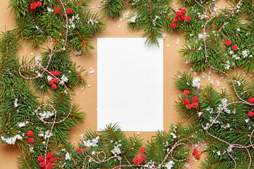 Fototapeta na wymiar Beautiful Christmas decorations with empty card on color background