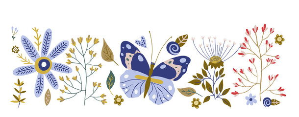 Illustration of leaves, plants, branches butterfly and flowers with white background. Hand drawn border for cards, invitations, logo, greeting, wedding invite template illustration. Vector frame.