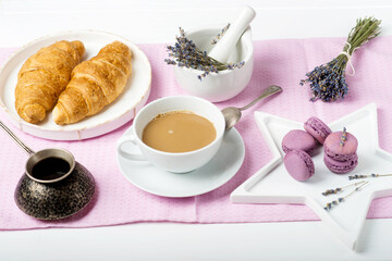 French breakfast with lavender, macaroons and croissants