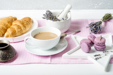 French breakfast with croissants and lavender