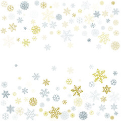 Christmas snowflakes background with place for text. Winter gold and silver snow minimal frame decoration on white, greeting card. New Year Holidays subtle backdrop. Vector illustration