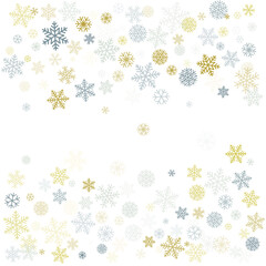 Christmas snowflakes background with place for text. Winter gold and silver snow minimal frame decoration on white, greeting card. New Year Holidays subtle backdrop. Vector illustration