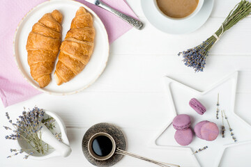 French breakfast, croissants and macaroons