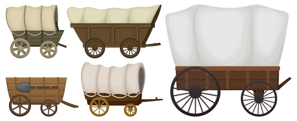 Wild west wagon vector cartoon set icon.Vector illustration set western of old carriage on white background .Isolated cartoon icon wild west wagon. - obrazy, fototapety, plakaty