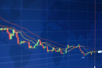 Obraz premium Candlestick chart showing market trading conditions on blue background.