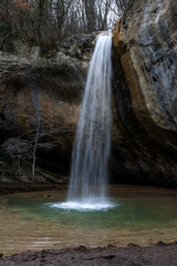 Waterfall Visor in Crimea in winter, waterfall, beautiful waterfall Visor in the Baydar valley of Crimea