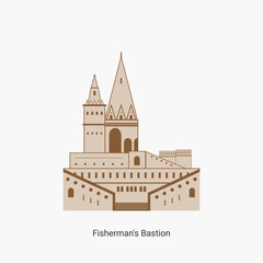 Fisherman's bastion towers in Hungary capital icon. Hungarian tourist destination you have to visit. Best historical landmark located in the Buda Castle. Vector art illustration flat design. - obrazy, fototapety, plakaty