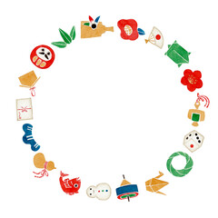 正月 年賀 縁起物　フレーム　水彩 イラスト