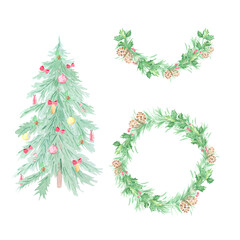 Naklejka na ściany i meble Watercolor illustration of a festive christmas tree, christmas wreath and garland. Perfect for printing, web, textile design, as well as souvenirs, scrapbooking and many other creative ideas.