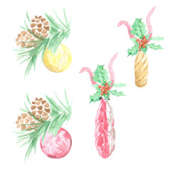 Watercolor set of Christmas decorations for the tree. Vintage glass balls. Perfect for printing, web, textile design, as well as souvenirs, scrapbooking and many other creative ideas.